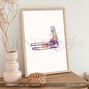May include: A colorful watercolor illustration of the human elbow joint. The bones are depicted in a rainbow of colors, with splashes of paint around the image.