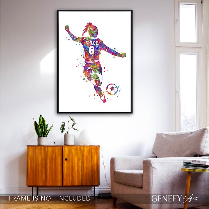 Personalised Female Soccer Player Watercolour Art Print Soccer Player Poster Soccer Print Sports Room Decor Soccer Art Decor image 3