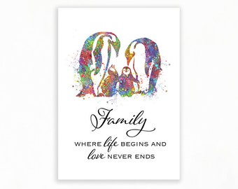 Penguin Family Quote Watercolor Art, Family Inspirational Quote, Motivational Quote, Gift for Family, Family Portrait, Family Gift Idea