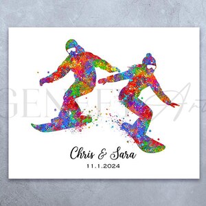 Personalisiertes Snowboard Paar Aquarell Kunstdruck - Snowboard Paar Drucke - Snowboard Poster - Geschenk für Paare