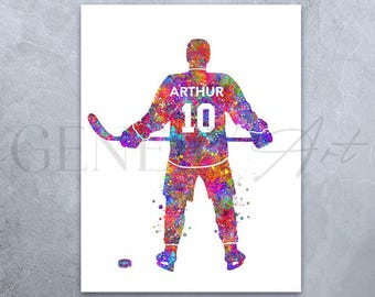 Impresión artística de acuarela personalizada de jugador de hockey sobre hielo