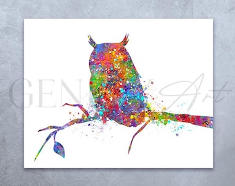 Night Owl Watercolor Art Print: Colorful Bird Poster