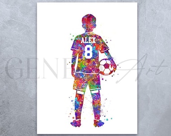 Impresión de acuarela de jugador de fútbol personalizado: decoración deportiva para habitación de niño
