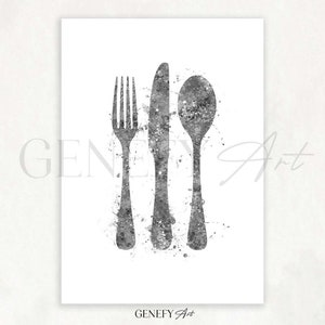 Grey Cutlery Fork Knife Spoon Watercolour Print  - Cutlery Prints - Kitchen Prints - Dining Room Prints - Kitchen Decor - Housewarming Gift