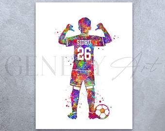 Impresión artística de acuarela de jugador de fútbol personalizado: decoración para habitación deportiva