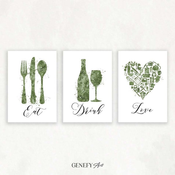 Kitchen Dining Watercolor Print - Set of 3 Sage Green Kitchen Prints - Food Drink Print - Dining Room Print - Housewarming Gift