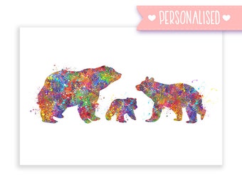 Personalised Bear Family of 3 Watercolour Print - Bear Family Poster - Bear Animal Family Poster - Bear Family Prints