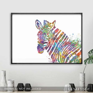 Puede incluir: Una pintura acuarela colorida de la cabeza y el cuello de una cebra. La cebra est&aacute; representada en un arco&iacute;ris vibrante de colores, con salpicaduras de pintura a su alrededor.
