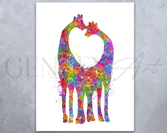 Giraffe Couple Watercolor Print: Valentine's Day Art