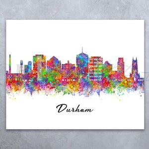 Impresión artística en acuarela del horizonte de Durham - Impresión del paisaje urbano de Durham - Impresión del horizonte de Durham - Decoración de pared del horizonte de Durham - Regalo de inauguración de la casa