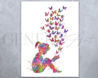 Girl Reading Watercolor Print: Butterfly Art, Nursery Decor