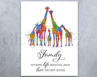 Giraffe Family Watercolor Art Print: Family Portrait, Home Decor