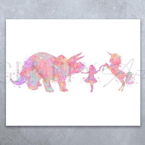 Impresión en acuarela de niña, triceratops y unicornio - Impresiones de niña y dinosaurio - Arte de pared para guardería - Póster de dinosaurio - Decoración de pared para guardería