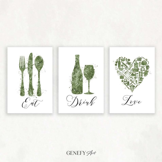 Sage Green Kitchen Prints: Food & Drink Watercolor Art - Set of 3