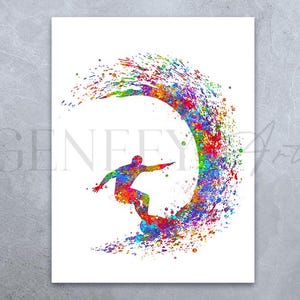 May include: A colourful watercolour painting of a surfer riding a wave. The surfer is silhouetted in black and the wave is a vibrant mix of colours, including blue, green, yellow, orange and red.