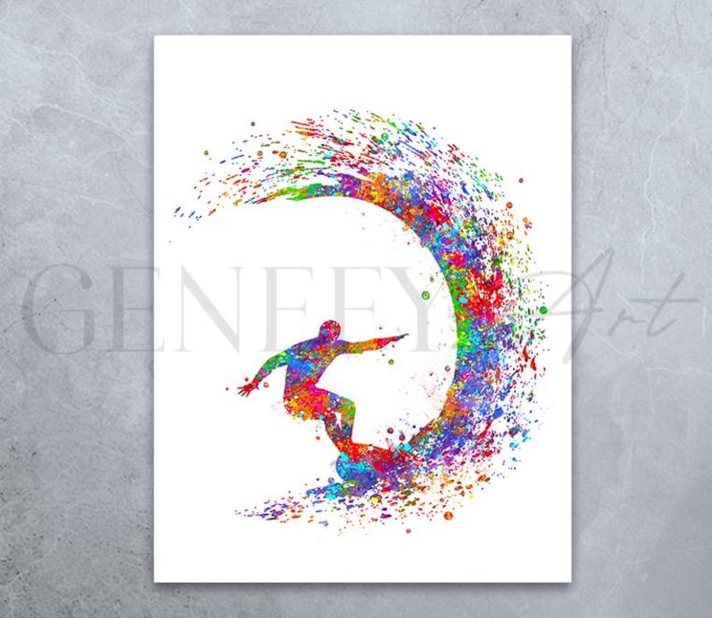 May include: A colourful watercolour painting of a surfer riding a wave. The surfer is silhouetted in black and the wave is a vibrant mix of colours, including blue, green, yellow, orange and red.