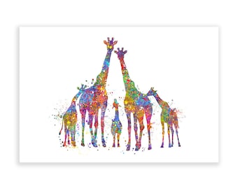 Giraffe Family Watercolor Art Print: Family Portrait, Home Decor