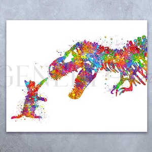 Impresión de acuarela de gato y T-Rex - Impresiones de gatos y dinosaurios - Arte de pared para guardería - Póster de dinosaurios - Decoración de pared para guardería -