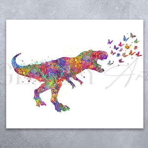 Tyrannosaurus T-Rex Chasing Butterflies Watercolour Art Print - Dinosaur Print - T-Rex Prints - Boys Room Decor - Dinosaur Theme Room Decor