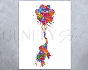 Baby Elephant Watercolor Print: Balloons Nursery Wall Art