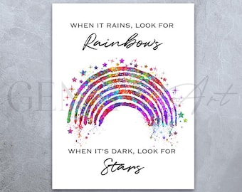 Happiness Quote Watercolour Print: Rainbow & Stars Poster