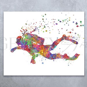 Nurkowanie z akwalungiem, wydruk akwarelowy - plakat nurka z akwalungiem - sztuka akwarelowa podwodnego sportu - dekoracja ścienna nurka - dekoracja ścienna nurkowania