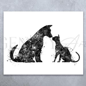Cat and Dog Watercolor Print - Cat and Dog Poster - Cat and Dog Print  - Friendship Prints - Friendship Poster - Black and White Print
