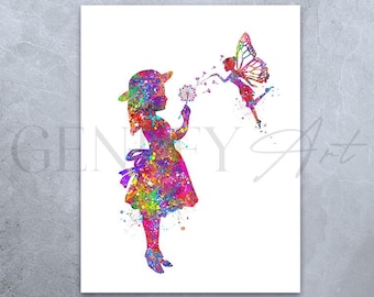 Little Girl and Fairy Watercolor Art Print: Nursery Decor