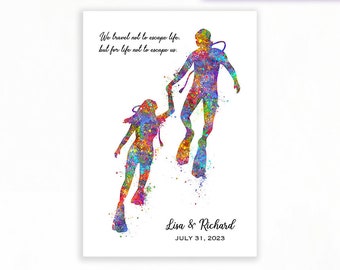 Personalisiertes Tauchpaar Aquarell Druck - Tauchen Poster - Hochzeitsgeschenk - Valentinstagsgeschenk - Scuba Wanddeko