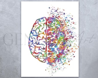 Right Brain Left Brain Watercolour Art Print  - Neurology Medical Art - Brain Medical Poster Anatomy Art  Abstract Brain Wall Art Decor AS64
