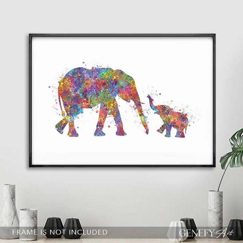 Baby Elephant and Mother Elephant Watercolor Art Print Mother and Baby Portrait Motherhood Prints Nursery Wall Art Nursery Decor image 2