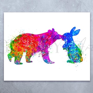 Bär und Hase Paar Aquarell Kunst - Jahrestag Geschenkideen - Hochzeitsgeschenkideen - Einweihungsparty Geschenkideen - Bär Hasen Paar Poster