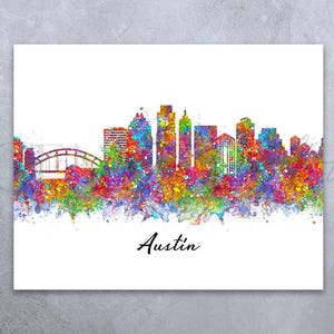 Impresión artística en acuarela del horizonte de Austin - Impresión del paisaje urbano de Austin - Impresión del horizonte de Austin - Decoración de pared del horizonte de Austin - Regalo de inauguración de la casa