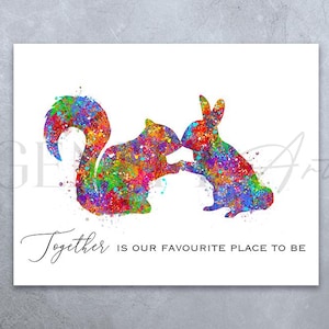 Eichhörnchen und Hase Aquarell Art Print - Eichhörnchen und Hase Paar - Paar Drucke - Paar Porträt Jubiläum Geschenk Valentinstag Geschenk