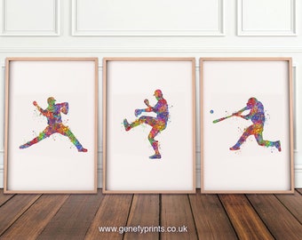 Baseball Watercolour Art Print - Set of 3 Prints - Baseball Sport Prints - Baseball Player Prints - Baseball Player Poster - Baseball Poster