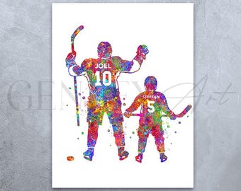 Impresión personalizada de acuarela de hockey sobre hielo de padre e hijo