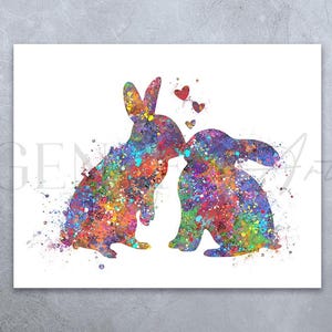 Rabbit Kissing Watercolor Art Print: Couple&#39;s Gift