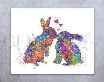 Rabbit Kissing Watercolor Art Print - Rabbit Prints - Rabbit Poster - Gift for Couple - Wedding Gift - Anniversary Gift - Housewarming Gift