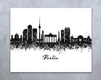 May include: Black and white watercolor illustration of the Berlin skyline. The skyline includes the Brandenburg Gate, the Reichstag Building, and the Berlin TV Tower. The text "Berlin" is written below the skyline.