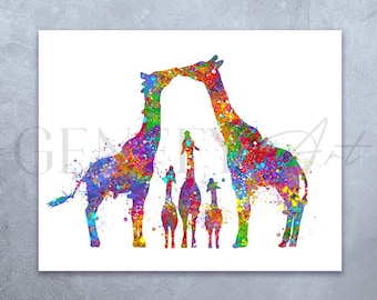 Giraffe Family Watercolor Art Print: Family Portrait, Home Decor