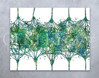 Può includere: Un dipinto ad acquerello di una serie di neuroni interconnessi, che assomigliano a una foresta di rami verdi e blu. L'opera d'arte rappresenta la complessa rete di cellule nervose, evidenziando la complessità del cervello umano.