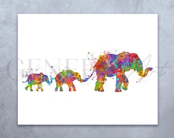 Elephant Family Watercolor Art Print: Colorful Herd Portrait