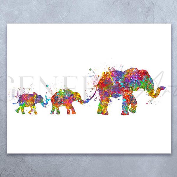 Elefantenfamilie Aquarell Kunstdruck: Farbenfrohes Herdenportrait