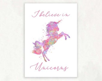 I Believe In Unicorns Watercolour Art Print - Unicorn Quote Poster Pink Unicorn Wall Art - Unicorn Decor - Gift for Girls, Girls Room Decor