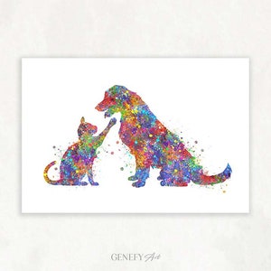 Cat and Dog Watercolor Print - Cat and Dog Poster - Cat and Dog Print - Cat and Dog Portrait - Friendship Prints - Friendship Poster