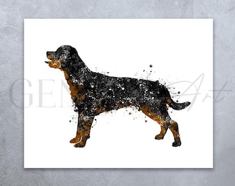 May include: A black and brown Rottweiler dog silhouette with a watercolor splatter effect. The dog is standing on a white background.