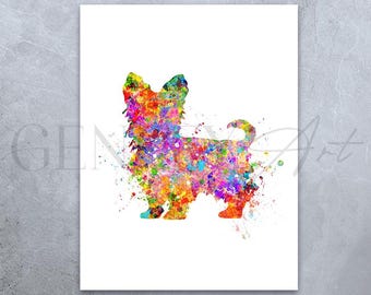Impresión artística en acuarela de un Yorkshire Terrier: retrato colorido de Yorkshire Terrier
