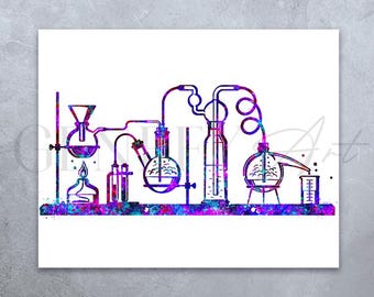 Chemistry Lab Watercolor Art Print: Science Poster