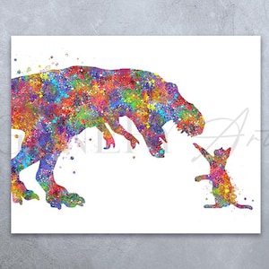 Aquarel print kat en T-Rex - katten- en dinosaurusafdrukken - kunst aan de muur kinderkamer - dinosaurusposter - muurdecoratie kinderkamer - kattenkunst - dinosauruskunst