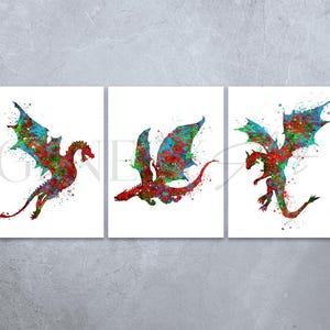 Dragon Watercolour Print - Set of 3 Dragon Prints - Dragon Nursery Wall Art - Dragon Nursery Decor - Dragon Poster - Dragon Wall Art
